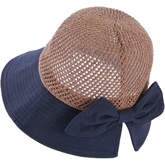 CoCopeaunts Summer Hats for Women New Bow Beach Bucket Cap Hollow Straw Hat Top Out Wide Brim Ponytail Two-Colors Basin Hat