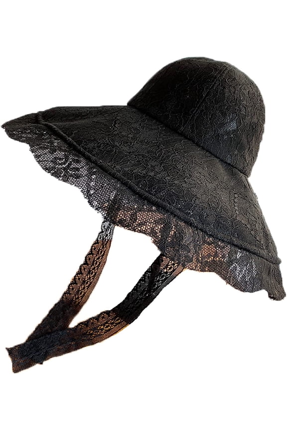Summer Ladies Bucket Hats Wide Brim Sunscreen Beach Sun Hat Fashion Ruffles Fisherman Hat with Lace Neck Drawstring