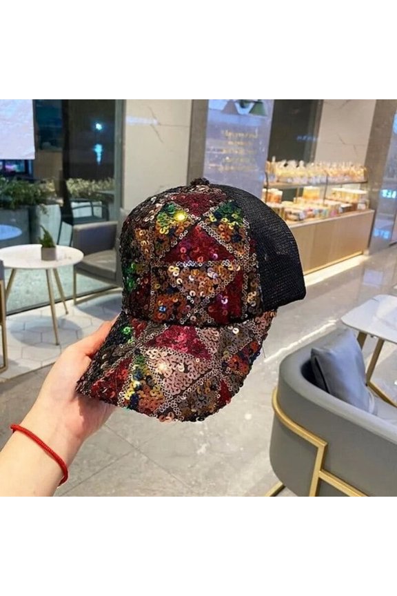 Summer Mesh Baseball Cap for Women Rainbow Sequins Paillette Bling Baseball Cap Adjustable Hats for Girls Party Club Gathering