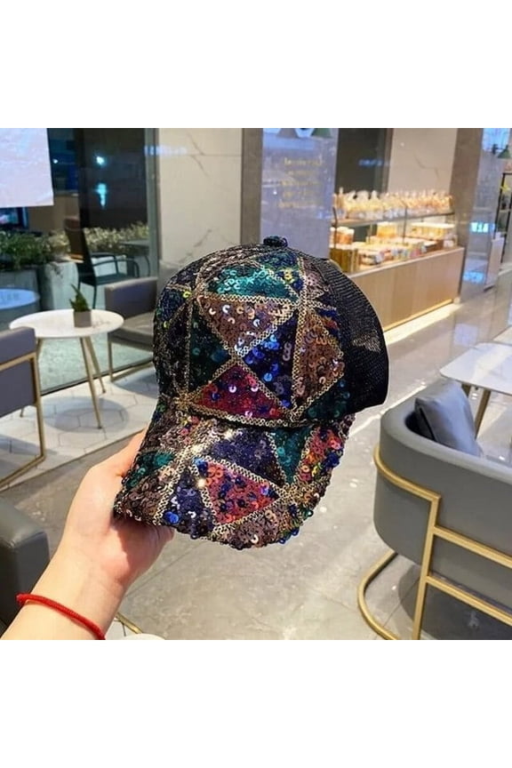 Summer Mesh Baseball Cap for Women Rainbow Sequins Paillette Bling Baseball Cap Adjustable Hats for Girls Party Club Gathering