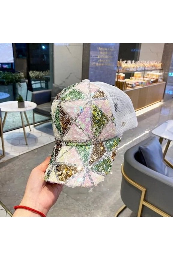 Summer Mesh Baseball Cap for Women Rainbow Sequins Paillette Bling Baseball Cap Adjustable Hats for Girls Party Club Gathering
