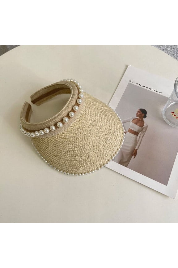 Summer Pearl Straw Sun Hats For Women Adjustable Empty Top Cap UV Protection Visor Cap Outdoor Sports Beach Sunscreen Cap Bonnet