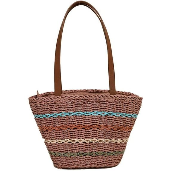 CoCopeaunts Summer Straw Bag, Women Beach Bag Woven Sea Hobo Bag Colorful Striped Zipper Shoulder Bag Handbag Vacation Bag