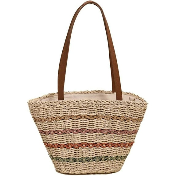 CoCopeaunts Summer Straw Bag, Women Beach Bag Woven Sea Hobo Bag Colorful Striped Zipper Shoulder Bag Handbag Vacation Bag