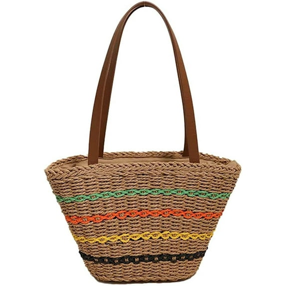 CoCopeaunts Summer Straw Bag, Women Beach Bag Woven Sea Hobo Bag Colorful Striped Zipper Shoulder Bag Handbag Vacation Bag