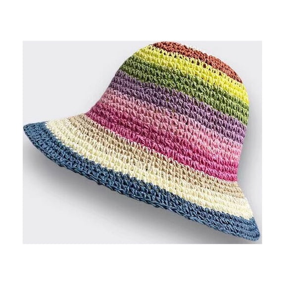 CoCopeaunts Summer Striped Knitted Bucket Hat Womens Handmade Crochet Panama Straw Cap Foldable Fisherman Hat Outdoor Travel Sun Hat Gorros