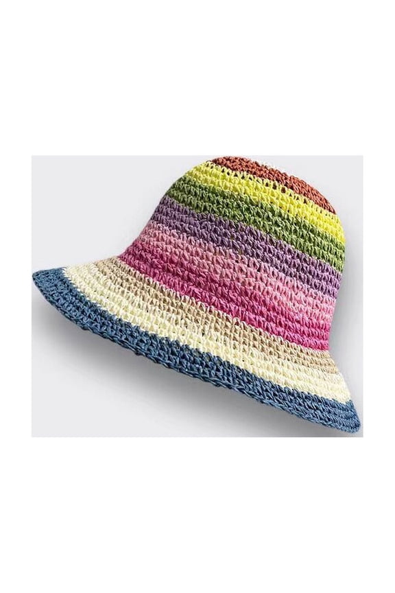 Summer Striped Knitted Bucket Hat Womens Handmade Crochet Panama Straw Cap Foldable Fisherman Hat Outdoor Travel Sun Hat Gorros