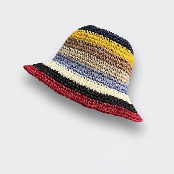 CoCopeaunts Summer Striped Knitted Bucket Hat Womens Handmade Crochet Panama Straw Cap Foldable Fisherman Hat Outdoor Travel Sun Hat Gorros