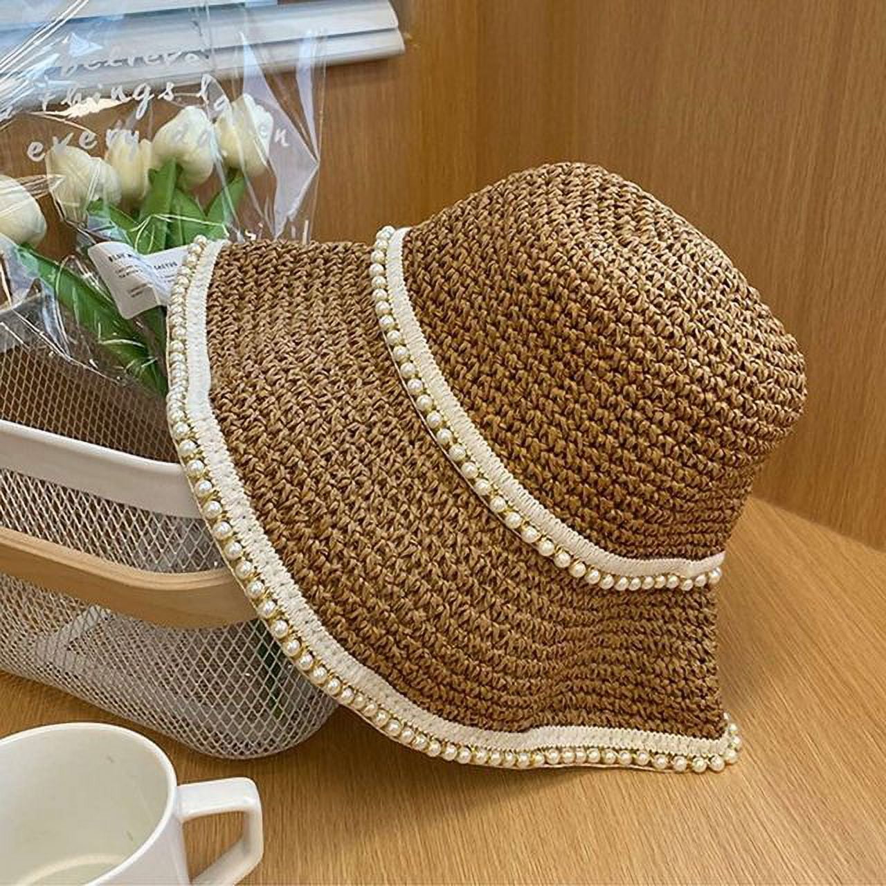 Cocopeaunts Summer Women Straw Cap Bucket Hat Folding Straw Hat Uv