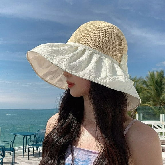 CoCopeaunts Summer Womens Large Brim Anti-UV Sunshade Fisherman Hats Foldable Floppy Panama Hats Girls Bow Straw Hat Outdoor Beach Sun Caps