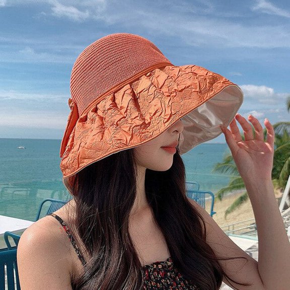 CoCopeaunts Summer Womens Large Brim Anti-UV Sunshade Fisherman Hats Foldable Floppy Panama Hats Girls Bow Straw Hat Outdoor Beach Sun Caps