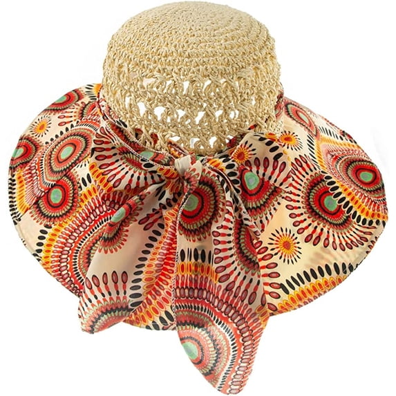 CoCopeaunts Sun Beach Straw Hat for Women Breathable Flower Scarve Lined Stylish Bow Roll up Foldable UV Protection Fishermen Hat Travel