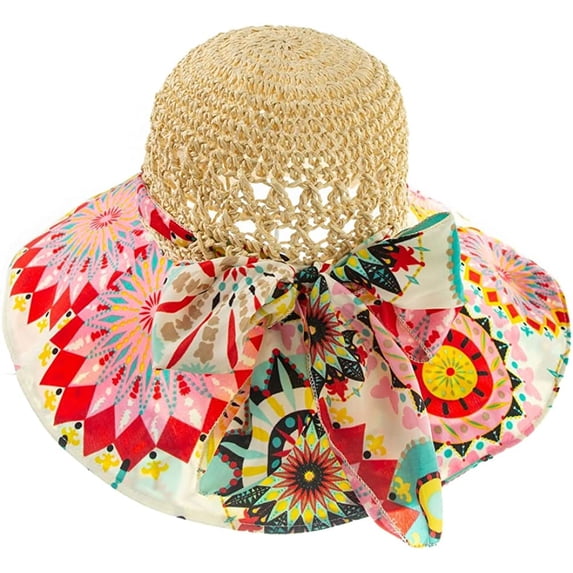 CoCopeaunts Sun Beach Straw Hat for Women Breathable Flower Scarve Lined Stylish Bow Roll up Foldable UV Protection Fishermen Hat Travel