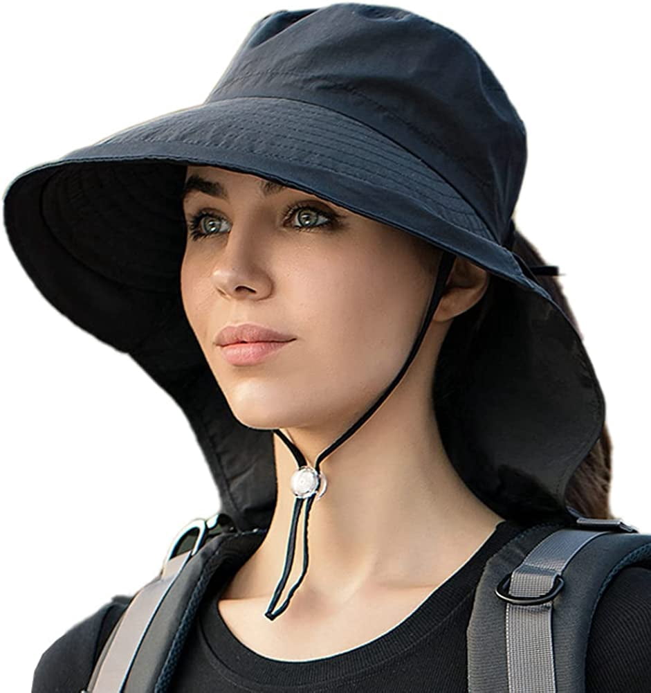 Womens Summer Sun Hat Outdoor UV Protection Fishing Hat Wide Brim Foldable Beach Bucket Hat With Ponytail Hole, Pink, Medium