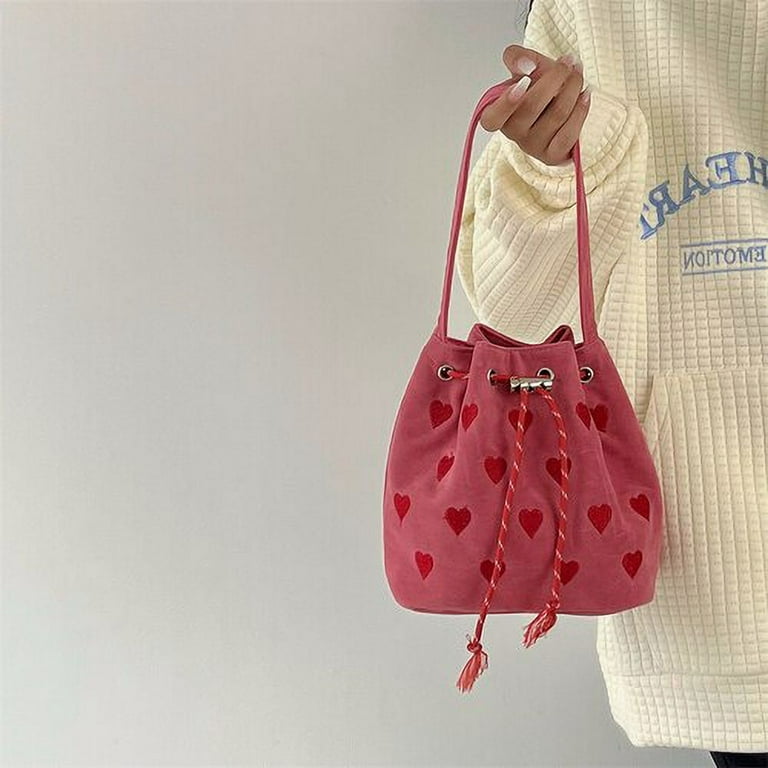 CoCopeaunts Sweet Heart Women Drawstring Shoulder Bag Embroidered Pattern Ladies Bucket Purse HandBags Retro Pink Female Plaid Messenger Bag