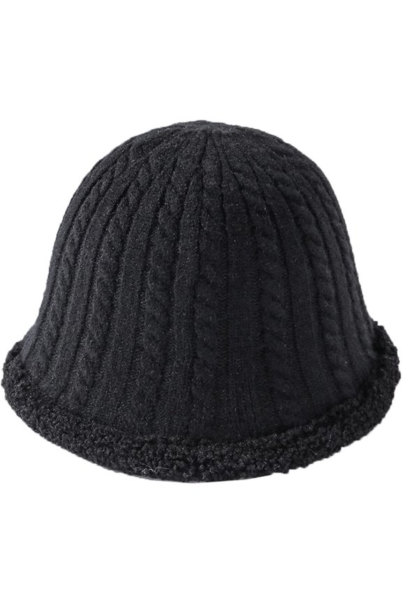 Thick Knitting Bucket Hat Hemp Flower Twist Reversible Fisherman Hat Autumn Winter Bowler Hat with Lambs Wool Brim