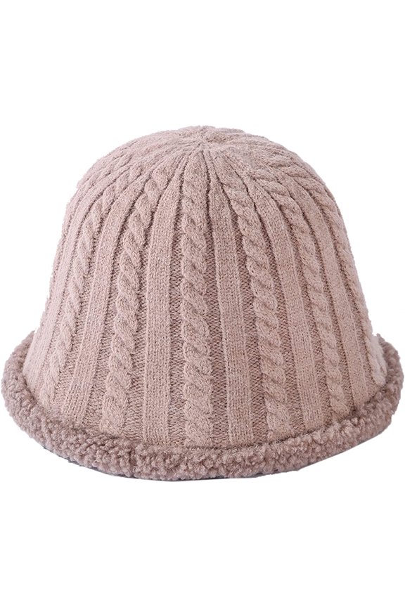 Thick Knitting Bucket Hat Hemp Flower Twist Reversible Fisherman Hat Autumn Winter Bowler Hat with Lambs Wool Brim