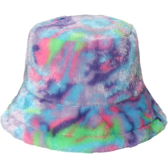 CoCopeaunts Tie Dye Bucket Hat Thickened Warm Basin Hat Female Plush Colorful Rainbow Fisherman Hat Stage Costume Accessory