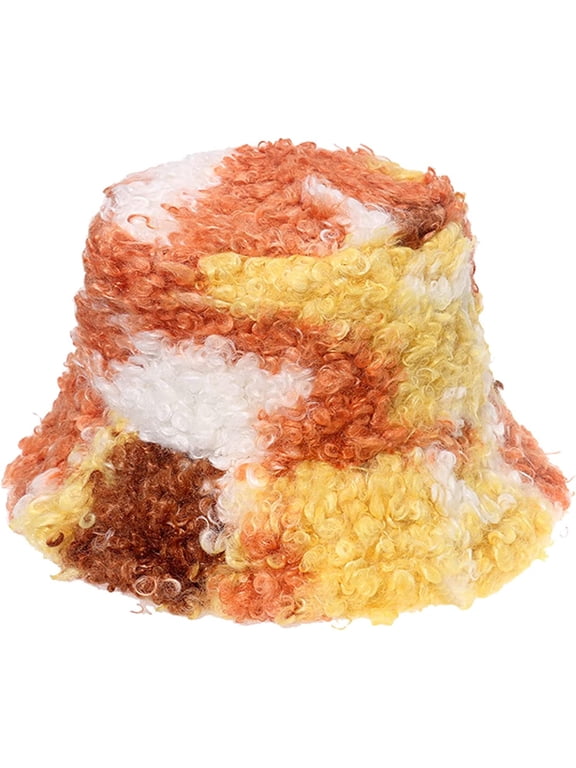 Tie-Dye Bucket Hat for Women Sheep Curly Wool Fisherman's Hat Europe United States Winter Outdoor Warm Basin Cap