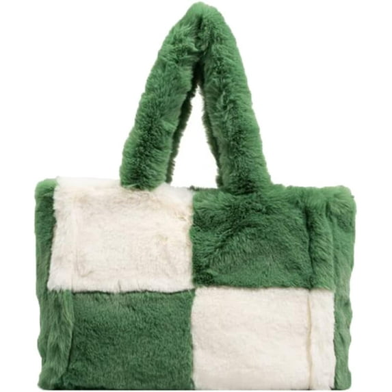 CoCopeaunts Tote Bag Women Winter Plush Tote Bag Satchel Bag Shoulder Bag Large Grid Crossbody Tote Handbag Cute Soft Hobo Bag 2022