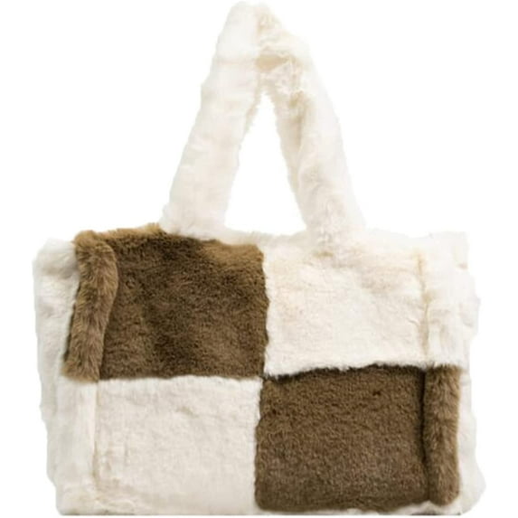 CoCopeaunts Tote Bag Women Winter Plush Tote Bag Satchel Bag Shoulder Bag Large Grid Crossbody Tote Handbag Cute Soft Hobo Bag 2022