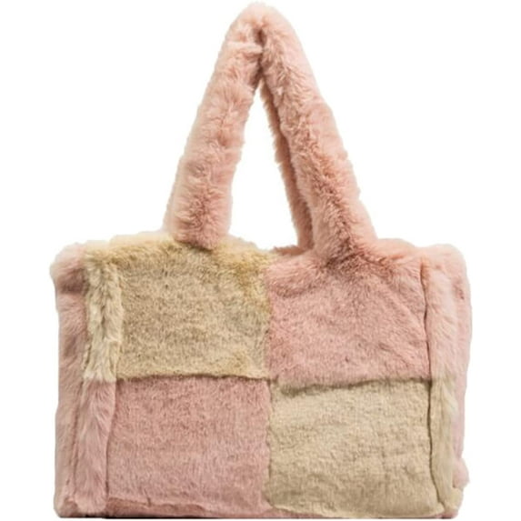 CoCopeaunts Tote Bag Women Winter Plush Tote Bag Satchel Bag Shoulder Bag Large Grid Crossbody Tote Handbag Cute Soft Hobo Bag 2022