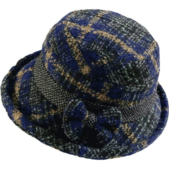 CoCopeaunts Tweed Bucket Hats for Women Hundred Knot Bow Vintage Check Basin Cap Rolled Edge Foldable Adjustable Bucket Caps