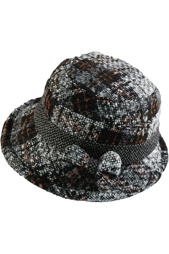 Tweed Bucket Hats for Women Hundred Knot Bow Vintage Check Basin Cap Rolled Edge Foldable Adjustable Bucket Caps