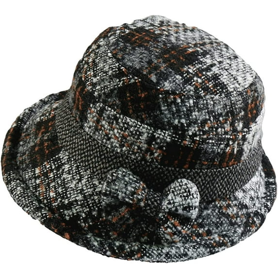 CoCopeaunts Tweed Bucket Hats for Women Hundred Knot Bow Vintage Check Basin Cap Rolled Edge Foldable Adjustable Bucket Caps