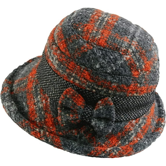 CoCopeaunts Tweed Bucket Hats for Women Hundred Knot Bow Vintage Check Basin Cap Rolled Edge Foldable Adjustable Bucket Caps