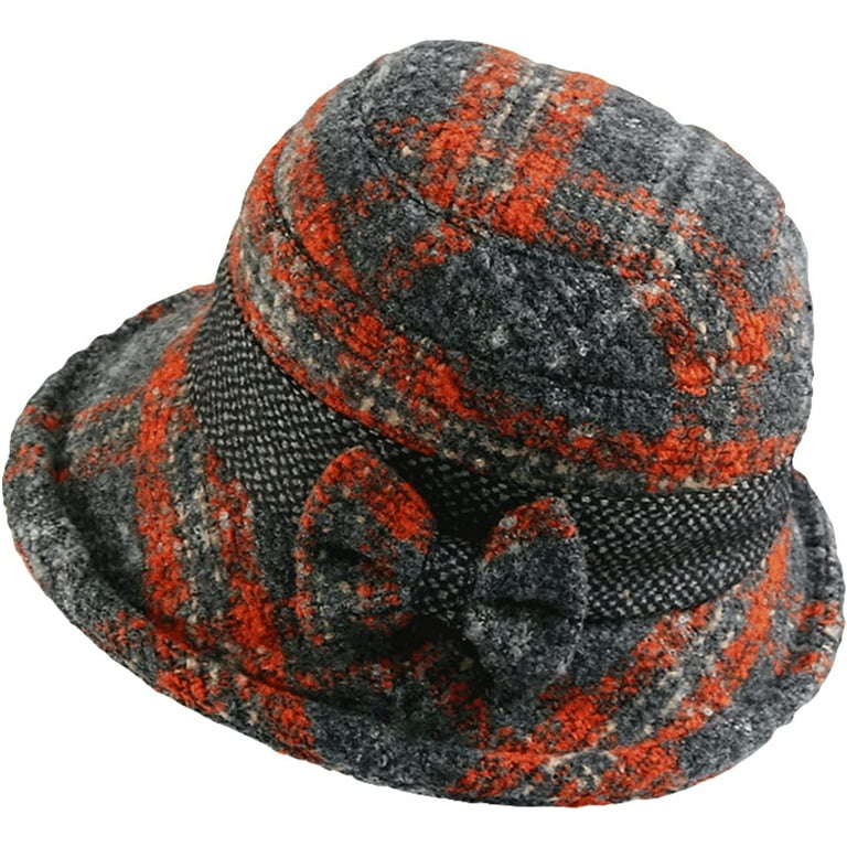 Cocopeaunts Tweed Bucket Hats for Women Hundred Knot Bow Vintage Check Basin Cap Rolled Edge Foldable Adjustable Bucket Caps Adult Unisex Size One