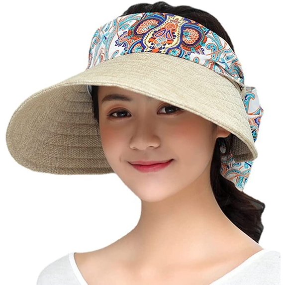 CoCopeaunts Visor Hat for Women Women Wide Brim Sun Hat Retro Ethnic Summer Cap Foldable Beach Hat 2023