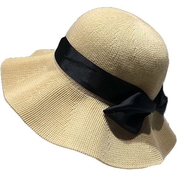 CoCopeaunts Wide Brim Bucket Hat for Women Black Bow Belt Spring Autumn Warm Fascinator Knit Bucket Cap Outdoor Sunscreen