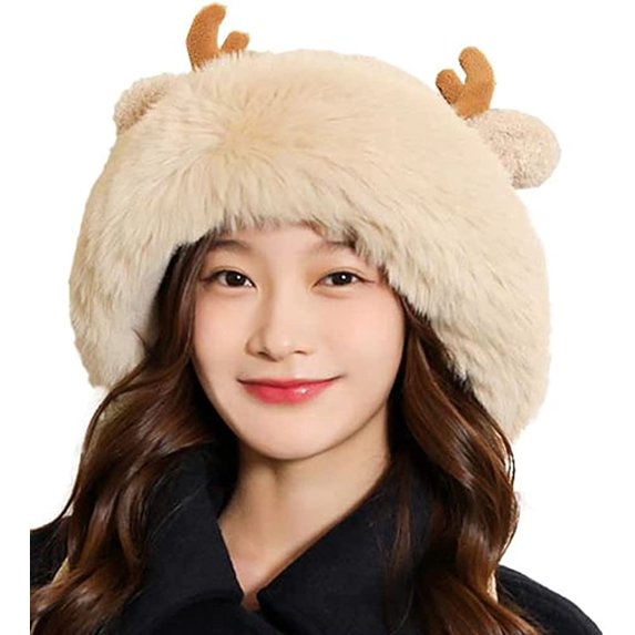 CoCopeaunts Winter Fluffy Hats for Women Cute Ears Knit Beanie Hat Elk Horn Warm Trapper Hat Ski Snow Skull Cap