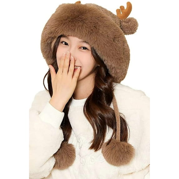 CoCopeaunts Winter Fluffy Hats for Women Cute Ears Knit Beanie Hat Elk Horn Warm Trapper Hat Ski Snow Skull Cap