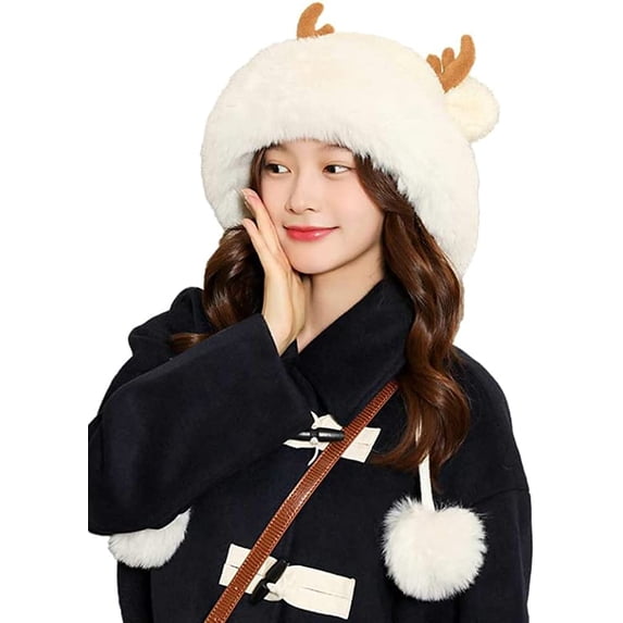 CoCopeaunts Winter Fluffy Hats for Women Cute Ears Knit Beanie Hat Elk Horn Warm Trapper Hat Ski Snow Skull Cap