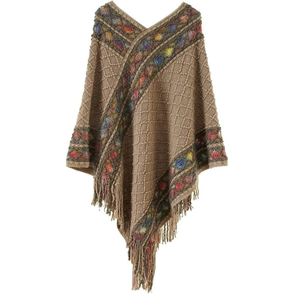 CoCopeaunts Winter Knit Tassel Pullover Poncho for Women Elegant Sweater Wraps Ethnic Shawl Cape