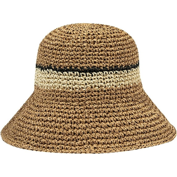 CoCopeaunts Women Beach Hat Straw Braided Stripe Fisherman Hat Summer Sun Protection Foldable Roll up Floppy Trendy Bucket Cap