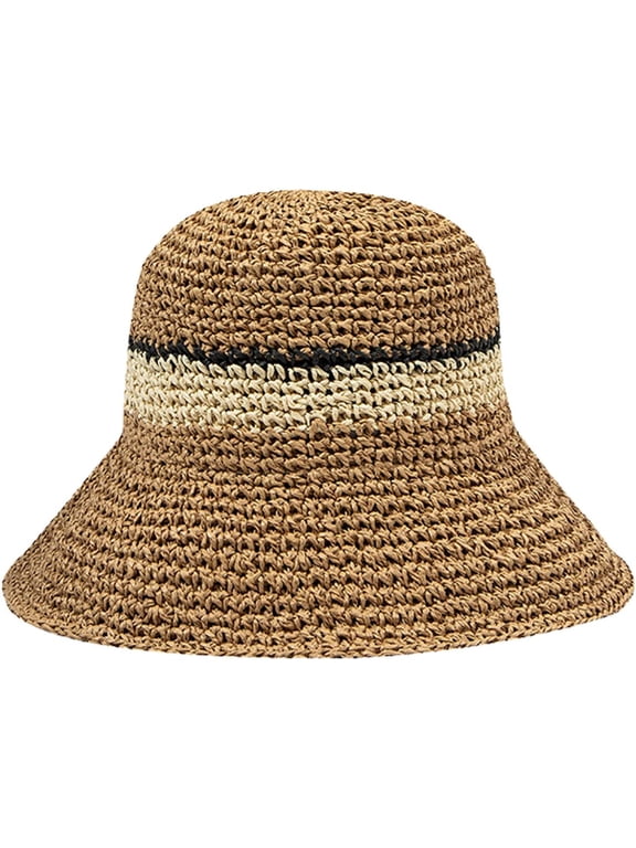 Women Beach Hat Straw Braided Stripe Fisherman Hat Summer Sun Protection Foldable Roll up Floppy Trendy Bucket Cap