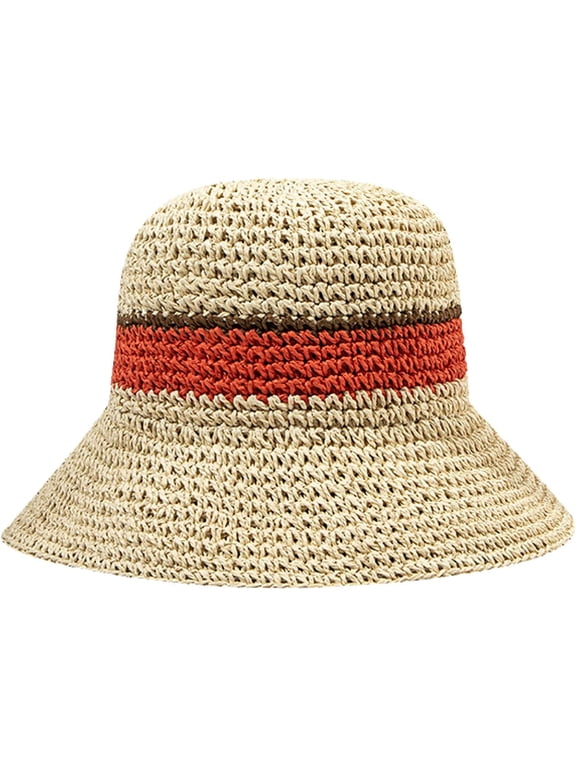 Women Beach Hat Straw Braided Stripe Fisherman Hat Summer Sun Protection Foldable Roll up Floppy Trendy Bucket Cap