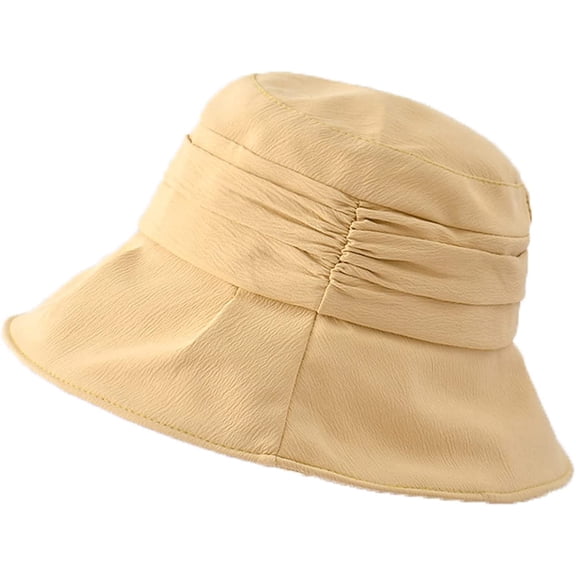 CoCopeaunts Women Bucket Hat Foldable Ladies Irregular Pleated Design Basin Hat Solid Color Sun Cap Adjustable Chin Strap