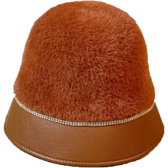 CoCopeaunts Women Bucket Hat Fuzzy Plush Leather Brim Patchwork Bucket Cap Adjustable Autumn Winter Keep Warm Female Basin Hat