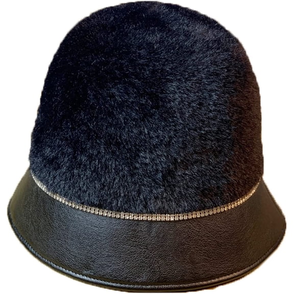 CoCopeaunts Women Bucket Hat Fuzzy Plush Leather Brim Patchwork Bucket Cap Adjustable Autumn Winter Keep Warm Female Basin Hat