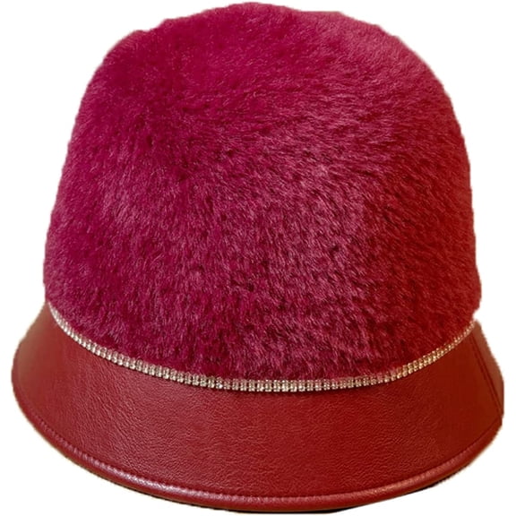 CoCopeaunts Women Bucket Hat Fuzzy Plush Leather Brim Patchwork Bucket Cap Adjustable Autumn Winter Keep Warm Female Basin Hat