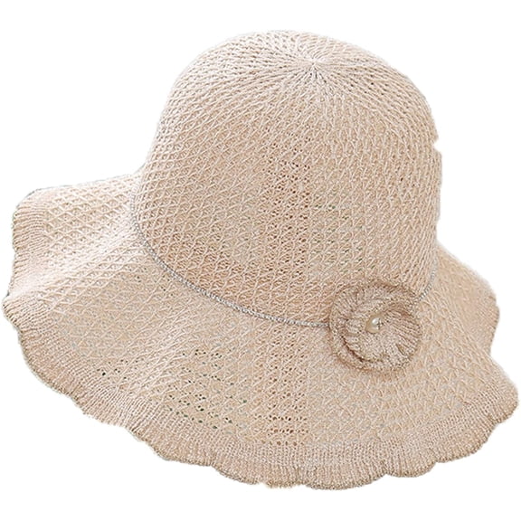 CoCopeaunts Women Bucket Hat Hollow Out Solid Color Bucket Cap Collapsible Dome Basin Hat with Flower Hatband Ruffled Brim