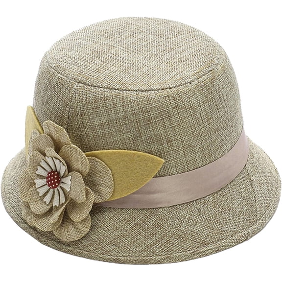 CoCopeaunts Women Bucket Hat Spring Autumn Linen Breathable Sun Shade Big Flower Decoration Belt Fashion Monochrome Bucket Cap