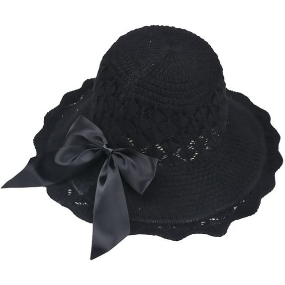 CoCopeaunts Women Bucket Hat Summer Beach Hollow Breathable Knit Fisherman Hat Outdoor Ladies Foldable Bow Basin Hat Wave Brim