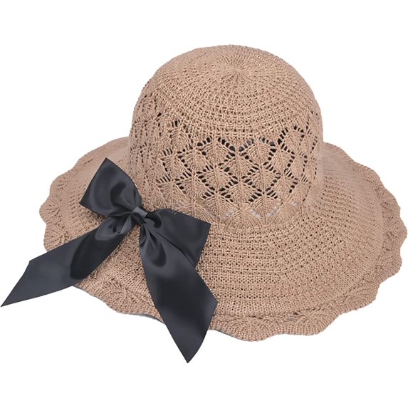 CoCopeaunts Women Bucket Hat Summer Beach Hollow Breathable Knit Fisherman Hat Outdoor Ladies Foldable Bow Basin Hat Wave Brim