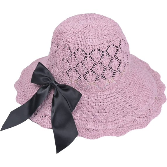 CoCopeaunts Women Bucket Hat Summer Beach Hollow Breathable Knit Fisherman Hat Outdoor Ladies Foldable Bow Basin Hat Wave Brim
