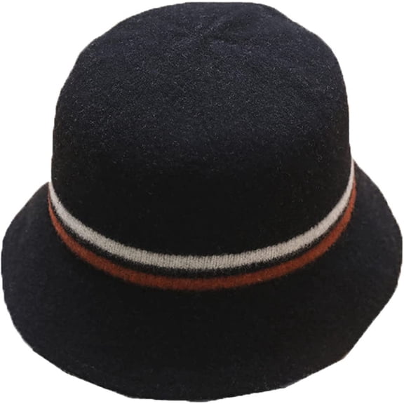 CoCopeaunts Women Bucket Hat Winter European American Fisherman Hat Warm Wool Felt Basin Cap Stripe Splicing Temperament Casual
